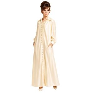 VTG 60s 70s Hostess Dress Caftan Satin Maxi Cream Button Front Glam Hollywood 12